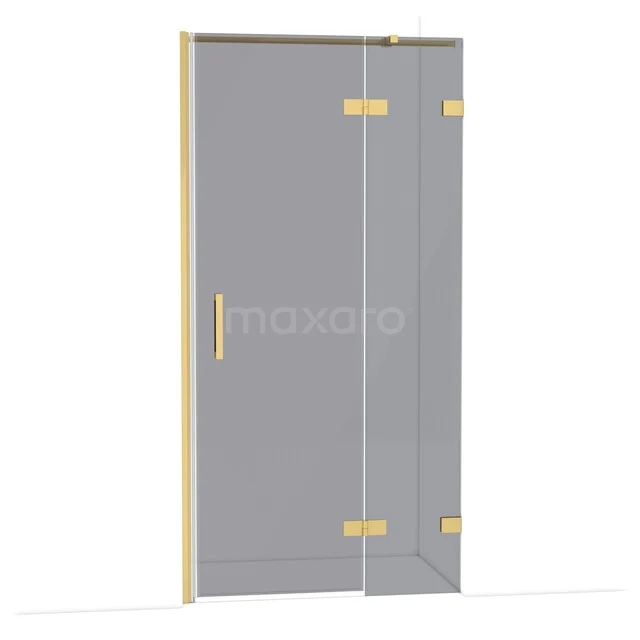 Glasdouchedeur mit goldfarbenen Scharnieren und Haltegriff, schlankes Design für ein modernes Badezimmer.