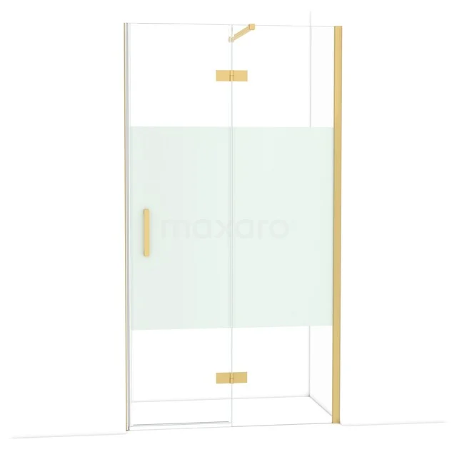 Glas Duschtür mit goldfarbenen Scharnieren und Haltegriff, satiniertes Glasdetail perfekt für ein modernes Badezimmer.