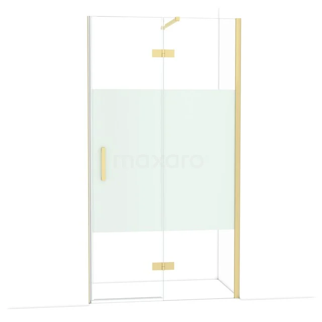 Glasdusch Tür mit goldfarbenen Akzenten, Drehtürdesign und mattgläsernem Paneel, perfekt für einen luxuriösen Badezimmerstil.