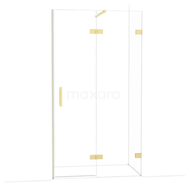 Douchewand van helder glas met goudkleurige scharnieren, stijlvolle hoekopstelling voor een moderne badkamer inrichting.