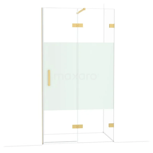 Glazen douchewand met mat gouden accenten, draaideur en matglasdetail, stijlvol voor een moderne badkamer inrichting.