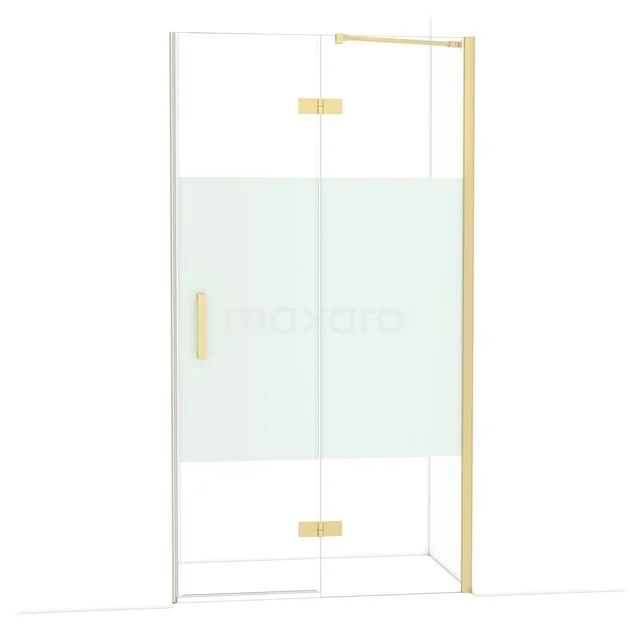 Goldene Duschtür mit Klarglas, matt weißen Details und modernem Design, perfekt für ein luxuriöses Badezimmer.