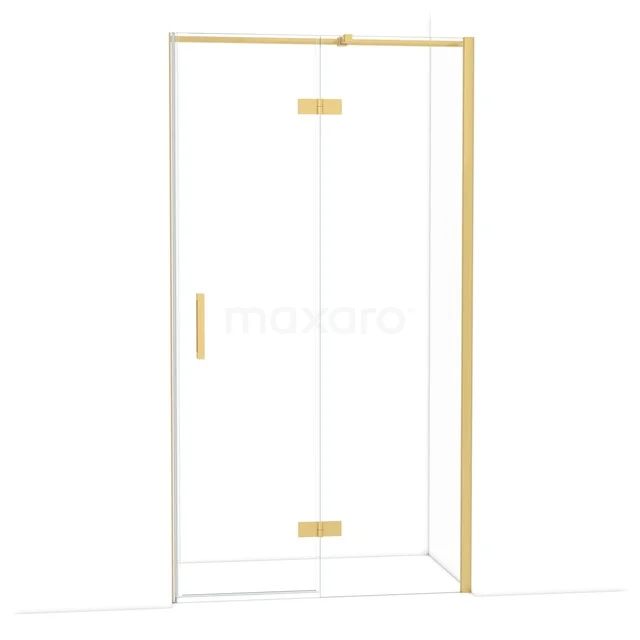 Glazen douchewand met goudkleurig frame en scharnieren, strak design en moderne uitstraling, perfect voor een luxe badkamer.