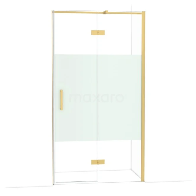 Douchedeur met goudkleurige accenten, mat glas en helder glas, moderne stijl, perfect voor een luxe badkamerinrichting.