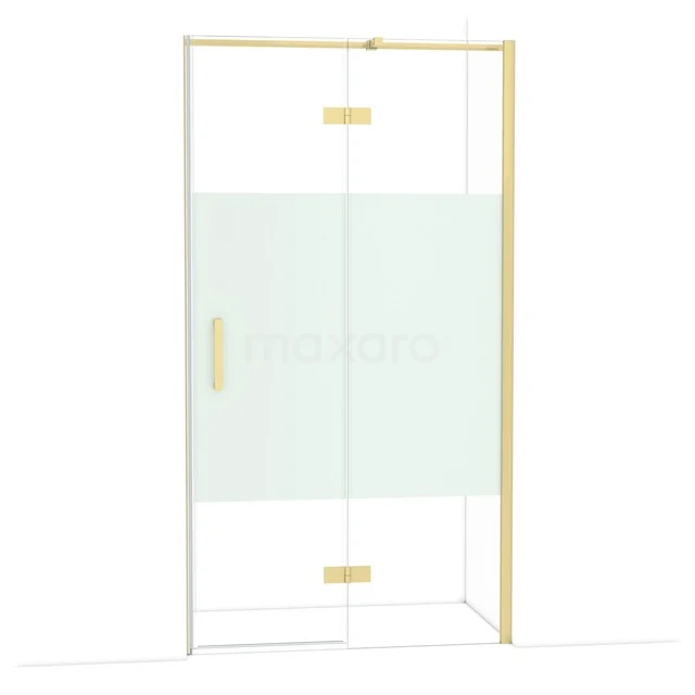 Douchewand van helder glas met goudkleurige accenten, modern design, ideaal voor luxe badkamerinrichtingen.