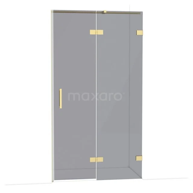 Glazen douchedeur met goudkleurige scharnieren en handgreep, strak design passend bij een moderne badkamerstijl.