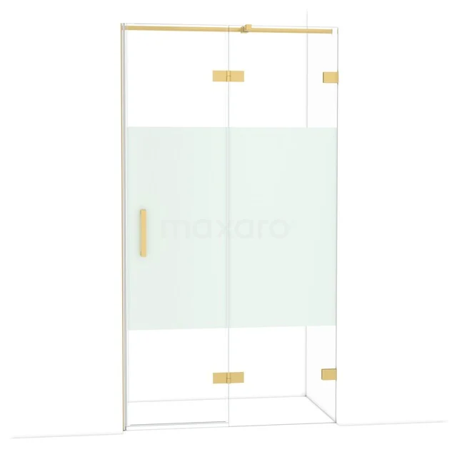 Glazen douchecabine met gouden accenten, matglas strook en strak design, ideaal voor moderne badkamerinrichting.