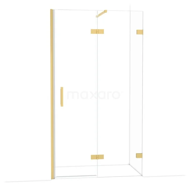 Gouden hoekdouchecabine met helder glas en scharnieren, perfect voor een moderne badkamer met luxe uitstraling.