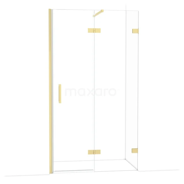 Glazen douchewand met gouden scharnieren, minimalistisch design, perfect voor luxe badkamerinrichting.