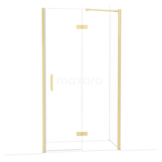 Goldene Duschtür aus Glas mit Scharnieren, geeignet für moderne Bäderserien, elegantes Design und luxuriöse Verarbeitung.