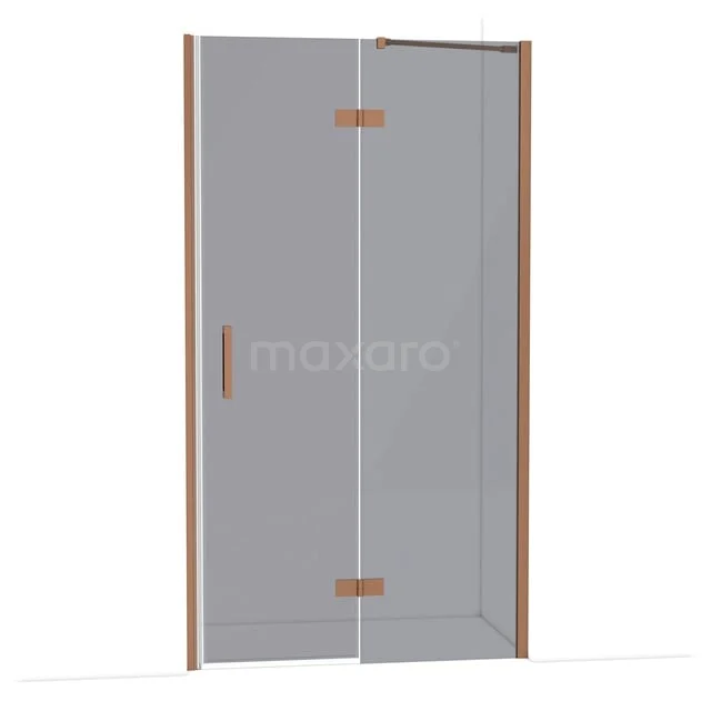 Douchedeur met koperkleurige scharnieren, strak design, helderglas en modern profiel; stijlvolle toevoeging aan de badkamer.