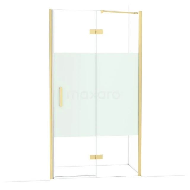 Shower cabin with frosted glass and gold accents, modern design for a stylish bathroom.