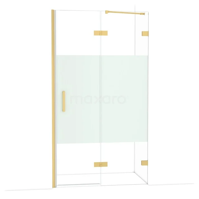 Duschwand mit goldfarbenen Akzenten, Klarglas und mattem Streifen, ideal für einen luxuriösen Badezimmerstil.