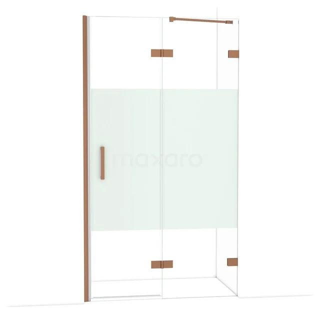 begehbare Dusche mit gläserner Schiebetür, kupferfarbigen Akzenten und mattem Glaselement, modernes Badezimmerdesign.