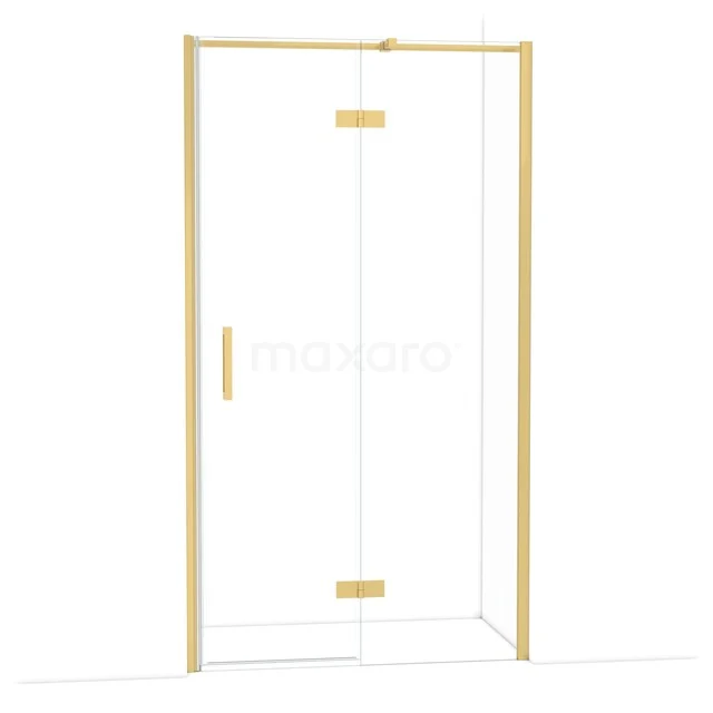 Duschkabine mit Eckeinstieg, goldfarbenem Rahmen und Klarglas, perfekt für eine moderne Badezimmer Einrichtung.