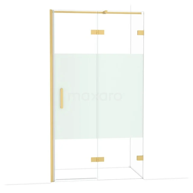 Gold Duschwand mit Klarglas, mattem Mittelpaneel und Messingakzenten, stilvolles und modernes Badezimmerdesign.