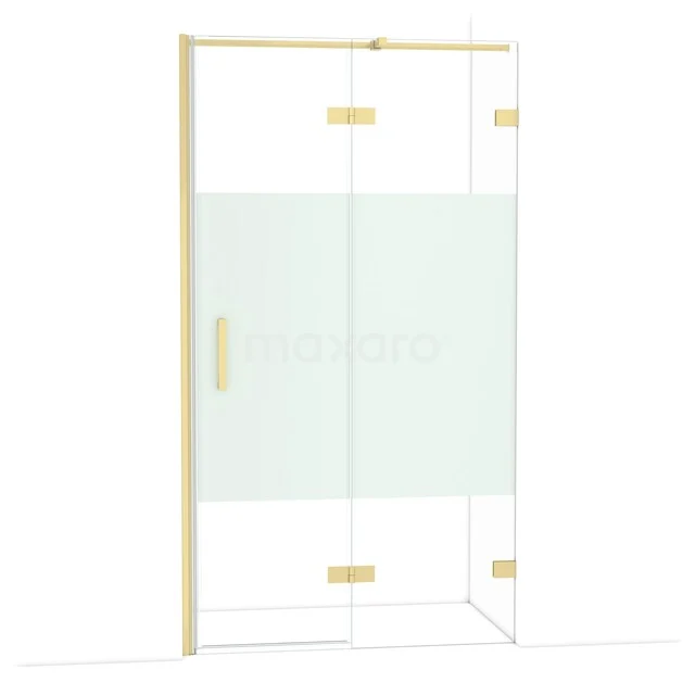 Glazen douchecabine met mat tussenstuk, messing accenten en draaideuren, ideaal voor een stijlvolle badkamer.