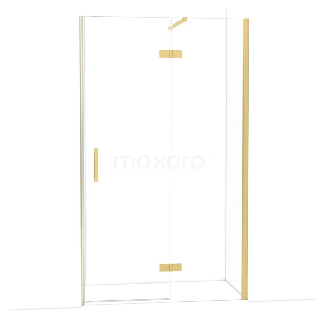 Glazen douchecabine met goudkleurige accenten, hoekmodel, inclusief deur en zijpaneel voor moderne badkamerstijl.