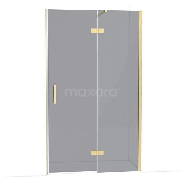 Glasdouchedeur mit goldfarbenen Scharnieren und Haltegriff, ideal für ein luxuriöses Badezimmerinterieur.