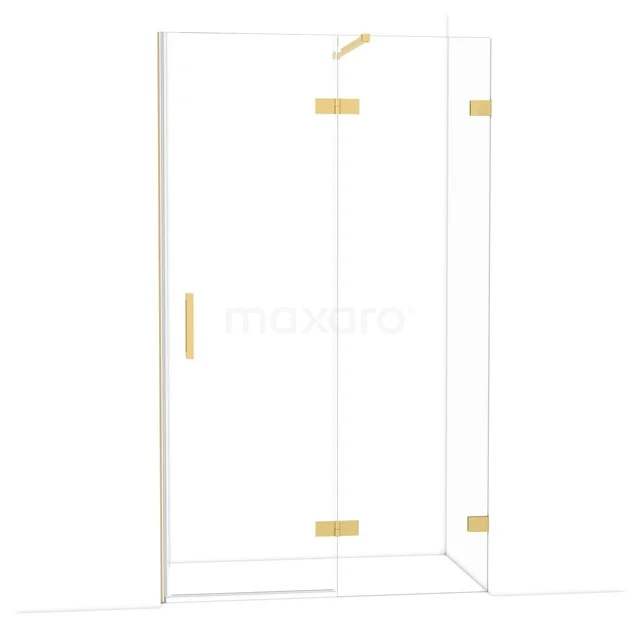 Eckdusche mit goldenen Scharnieren und Haltegriff, Glas mit klarem Design, ideal für ein modernes Badezimmer.