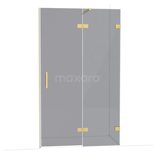 Glasdouchedeur mit goldenen Scharnieren und Haltegriff, elegantes Badezimmerdesign für moderne Duschräume.
