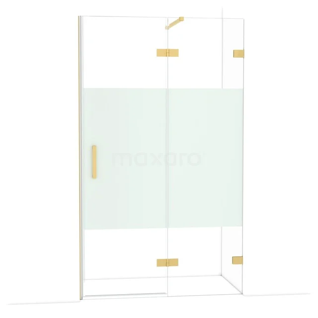Glas Duschwand mit Matt Weiß Paneel, Gold Scharniere und Haltegriff, geeignet für moderne Badezimmer.