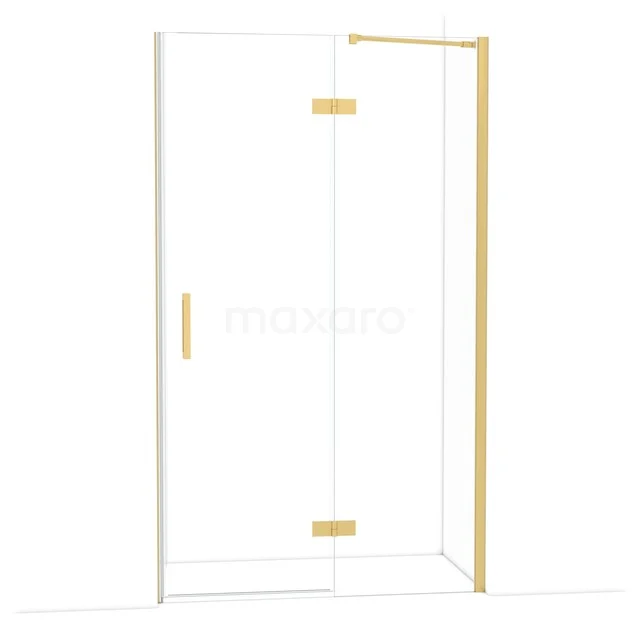 Glass shower wall with gold hinges and handle, stylish bathroom wall solution for modern interiors.