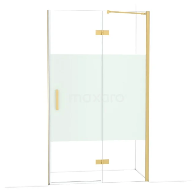 Glas Duschwand mit mat Goldfarbenen Akzenten, Teil einer Luxus Badezimmerkollektion, Eckaufstellung.