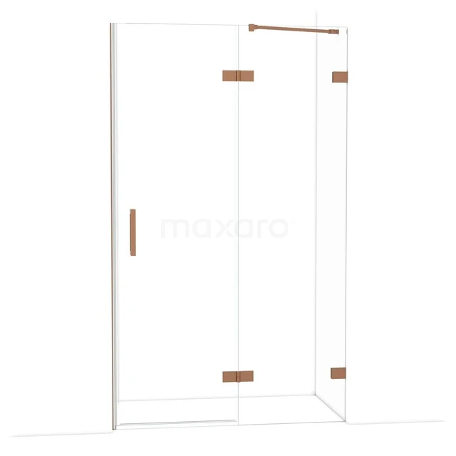 Glazen douchedeur met roségouden scharnieren en handgreep, modern design voor een stijlvolle badkamer.