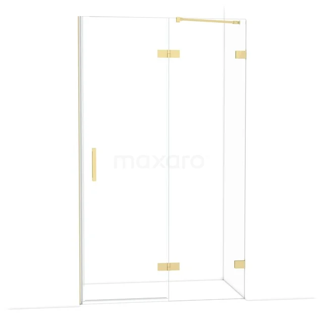 Glas Duschwand mit Gold Scharnieren und Haltegriff, modernes Design für ein stilvolles Badezimmer.