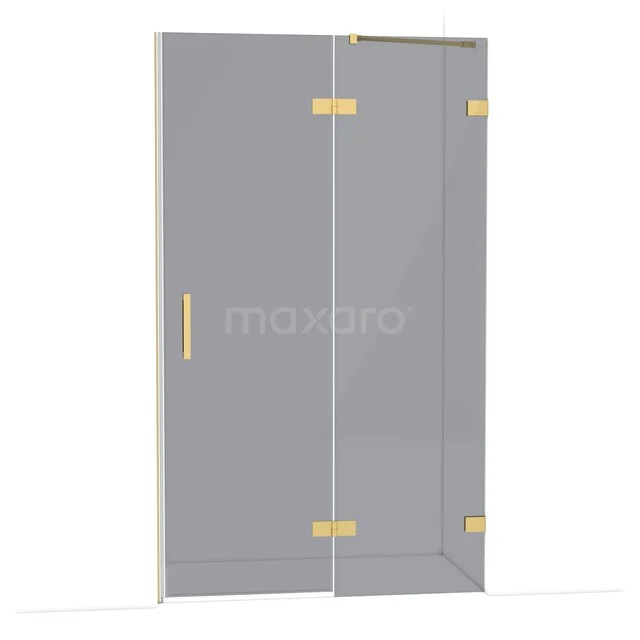 Glasene Duschtür mit goldfarbenen Scharnieren und Haltegriff, modernes Badezimmerdesign mit luxuriösem Erscheinungsbild.