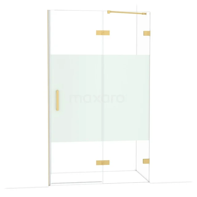 Glazen douchewand met goudkleurige scharnieren en frame, transparant met mat paneel, modern design voor luxe badkamers.
