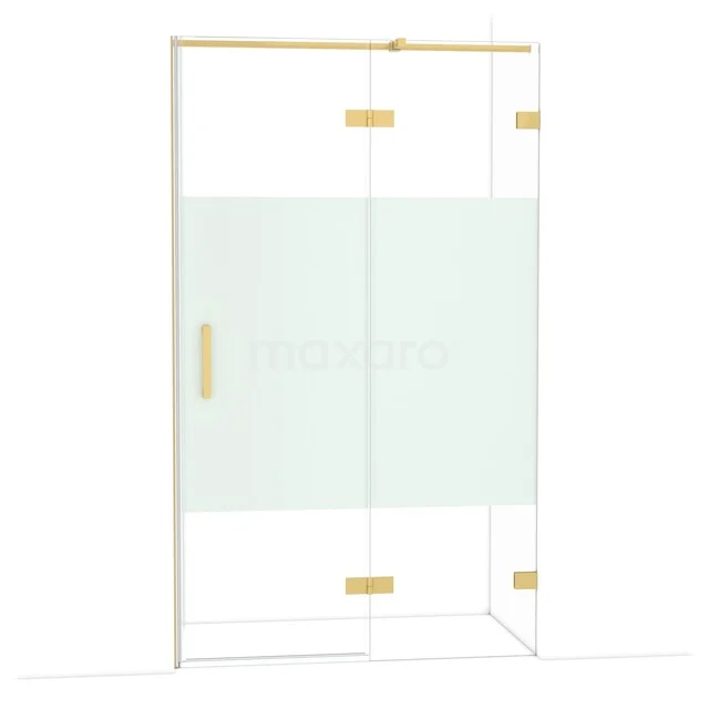 Glas Duschwand mit Gold Akzenten, teilweise Mattglas, stilvolles Design ideal für ein luxuriöses Badezimmer.