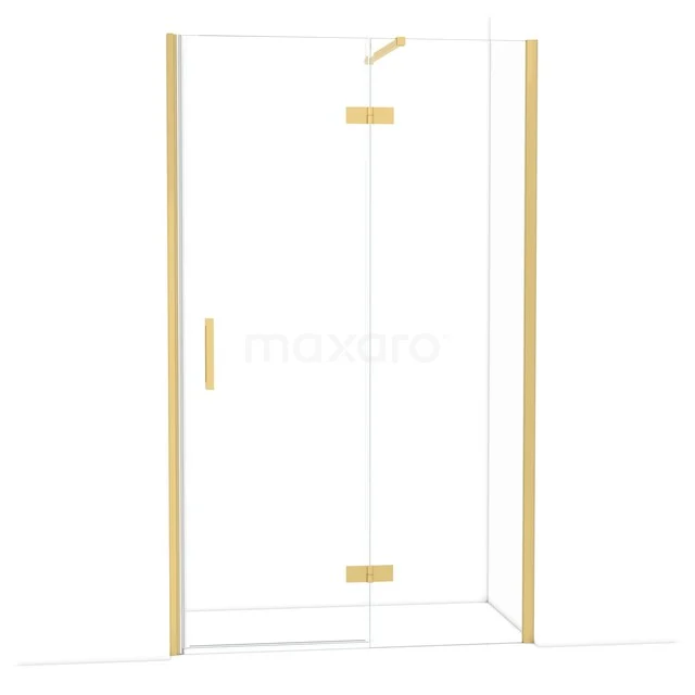 Glas Duschkabine mit goldfarbenen Akzenten, Eckmodell, minimalistisches Design, ideal für moderne Bäder.