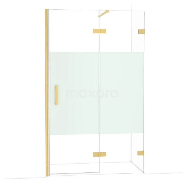 Glazen douchewand met goudkleurige scharnieren, mat glazen detail en strak design voor een moderne badkamer.