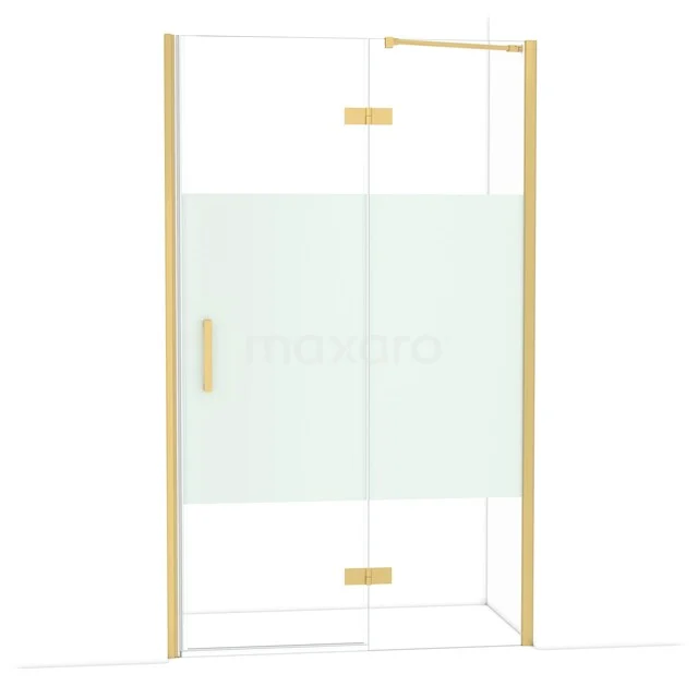 Douchedeur met goudkleurige accenten, mat glas en strak design, perfect voor een moderne badkamer inrichting.