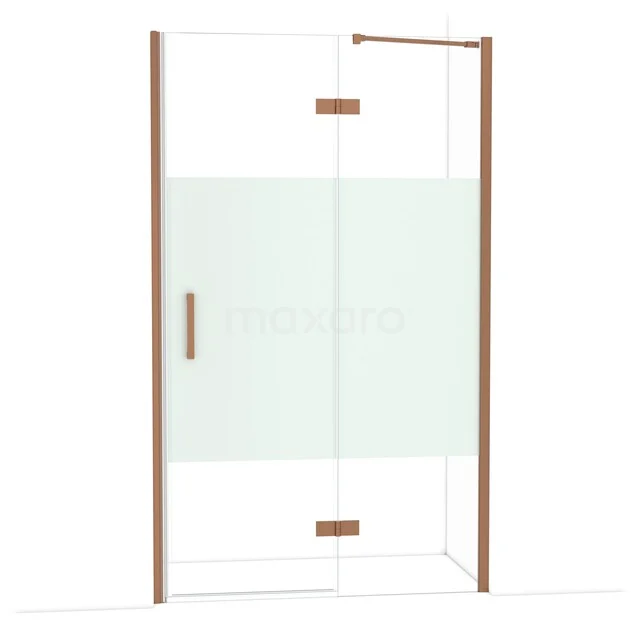 Glass shower cabin with matte copper profiles, clear glass and matte glass strip, ideal for modern bathroom decor.
