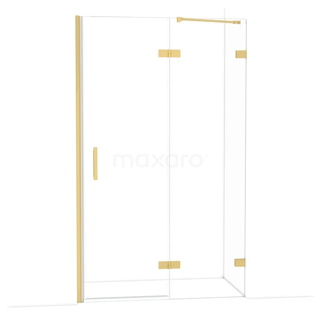 Gouden hoekdouchecabine met glazen wanden, moderne afwerking, ideaal voor een stijlvolle badkamer.