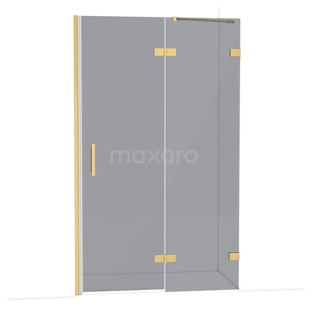 Glasene Duschtür mit goldenen Scharnieren und Griff, modernes Design, ideal für eine stilvolle Badezimmergestaltung.