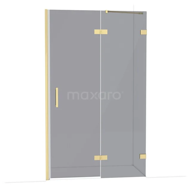 Glasdouchedeur mit goldfarbenen Scharnieren und Haltegriff, modernes Design, perfekt für ein luxuriöses Badezimmer.