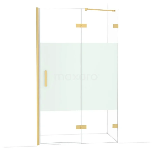 Diamond Shower door | 120 cm Gold Clear with matt strip Pivot door DDB22662223GG Glazen douchewand met gouden accenten, mat wit paneel, luxe badkamerdesign.