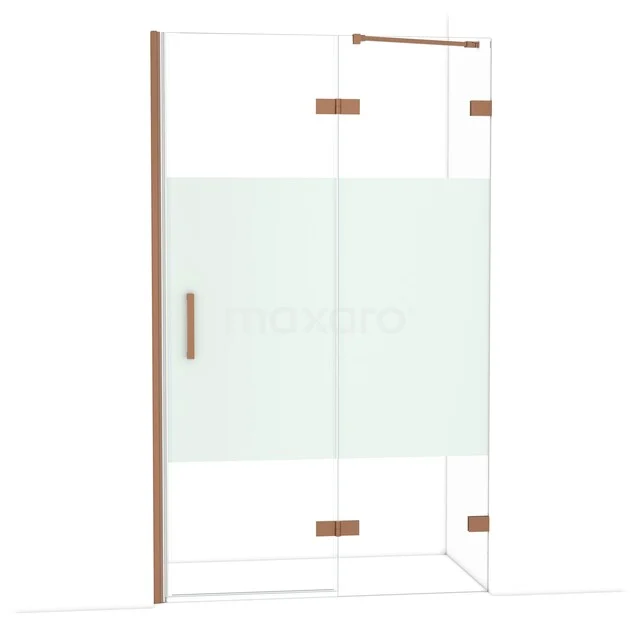 Glas Duschwand mit Goldakzenten, Eckmodell mit mattgläsernem Streifen; stilvoll und funktional für jedes moderne Badezimmer.