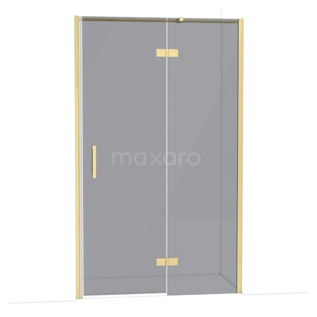 Glazen douchedeur met gouden scharnieren en handgreep, modern design, ideaal voor stijlvolle badkamerinrichting.