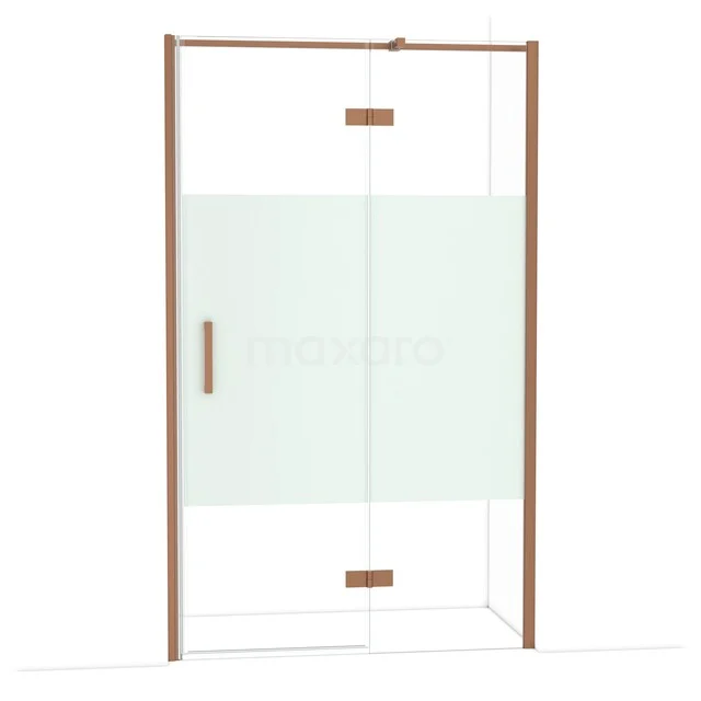 Douchedeur met matglazen paneel, koperkleurige afwerking en slanke handgreep, perfect voor een moderne badkamer.