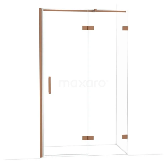 Glazen douchewand in helder glas met roségouden accenten en draaideur, ideaal voor een luxe badkamer.