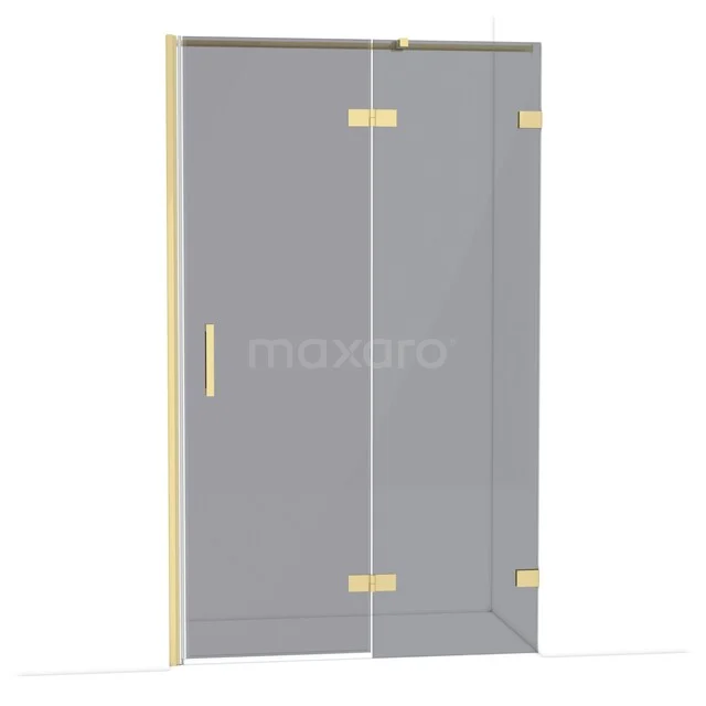 Glasene Duschtür mit goldfarbenen Scharnieren und Haltegriff, elegantes Design für ein stilvolles Badezimmer.