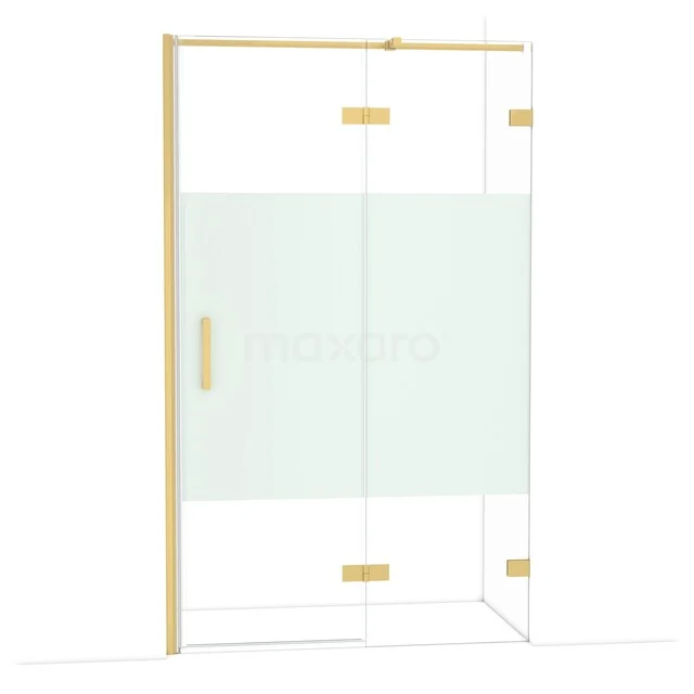 Glazen douchecabine met gouden accenten, strak design met matte strook, ideaal voor een luxe uitstraling in de badkamer.