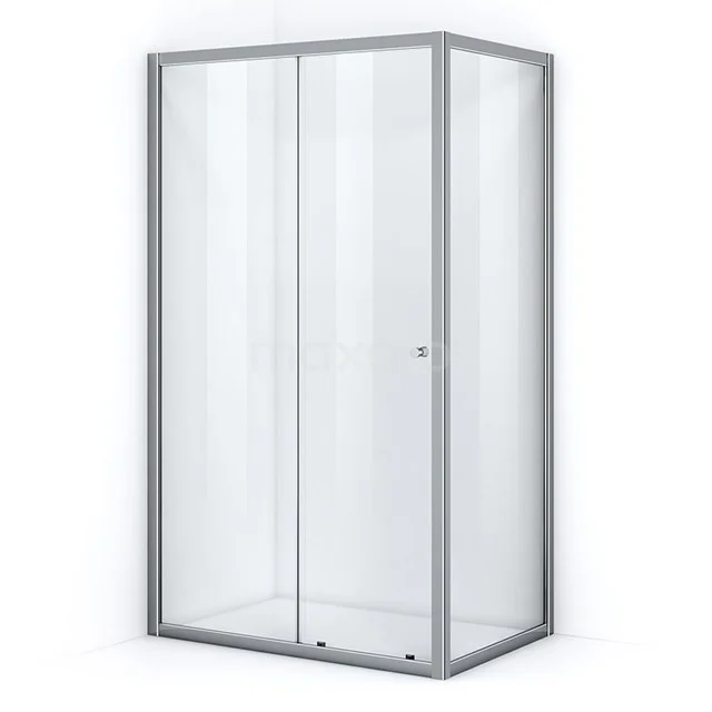 Glass shower enclosure with sliding door, silver frame, right angles, ideal for modern bathroom style.