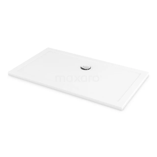 Rectangular, white ceramic shower tray with integrated drain slot, ideal for a modern bathroom.