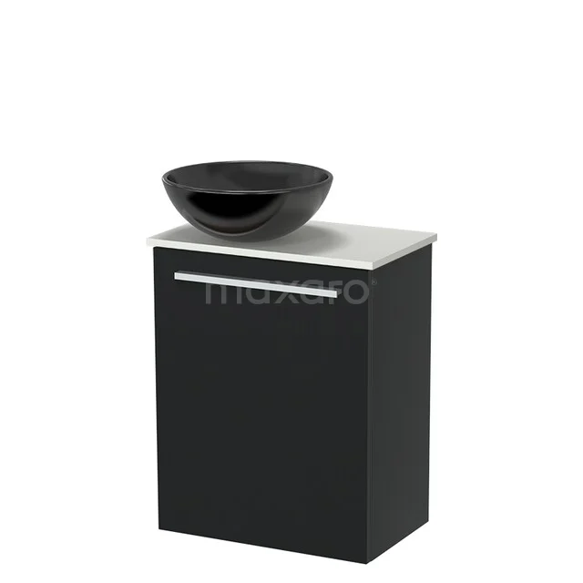 Black washbasin unit with a matte finish, rectangular shape and bowl-shaped black washbasin, ideal for modern bathrooms.